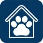 Friendly dog paw print inside a house icon, representing pet care services by DFW Critter Sitter in the Dallas-Fort Worth area.