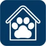 Friendly dog paw print inside a house icon, representing pet care services by DFW Critter Sitter in the Dallas-Fort Worth area.