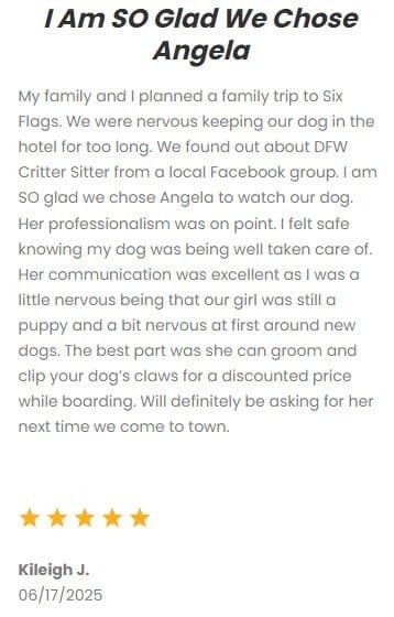 Professional dog sitting and pet care services in Dallas-Fort Worth by DFW Critter Sitter, ensuring your pet’s safety, comfort, and happiness during your absence.