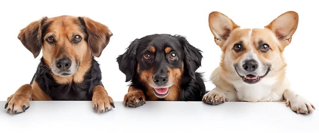 Three friendly dogs—one brown, one black, and one tan and white—posing with their paws up on a white surface, looking directly at the camera.
