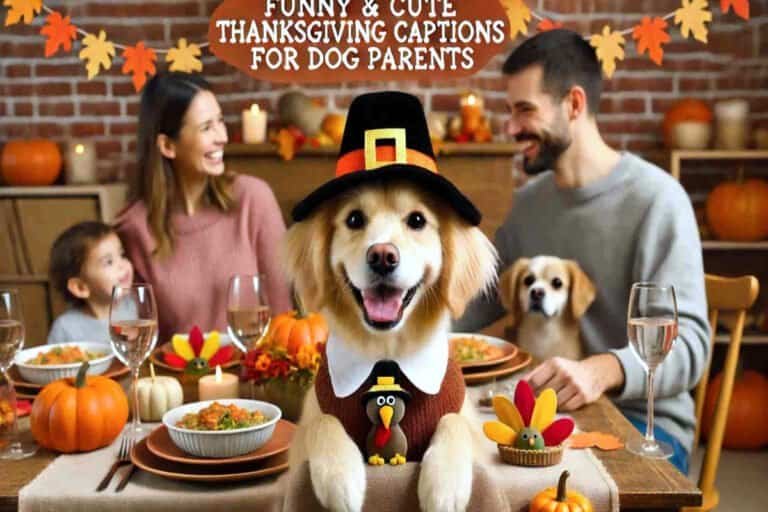 Golden dog dressed in a Thanksgiving outfit sitting at a dinner table with a family in the background.