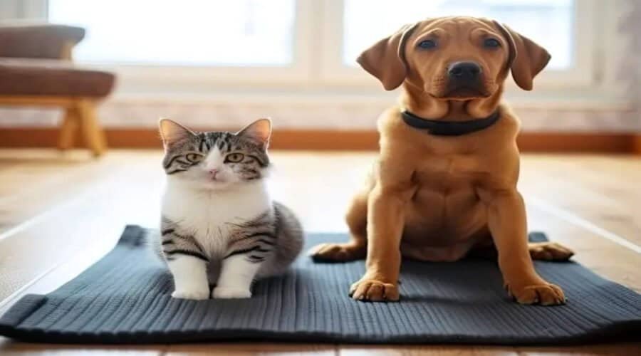A cat and dog practicing relaxation exercises on a yoga mat to reduce stress and anxiety during the holidays. Perfect for pet owners seeking stress relief techniques.