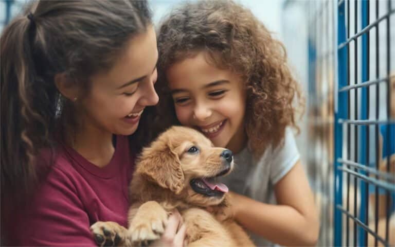 Two smiling girls holding a cute puppy in a shelter, promoting pet adoption during the holidays.