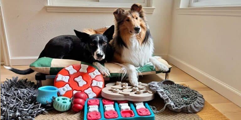 Two dogs relaxing on a pet bed surrounded by toys and pet supplies during winter storm, emphasizing indoor safety and comfort for pets in DFW.