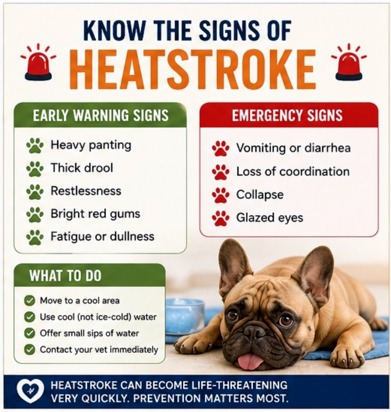 Infographic detailing the early warning signs (heavy panting, drool) and emergency signs (vomiting, collapse) of heatstroke in dogs, and steps to take, by DFW Critter Sitter.