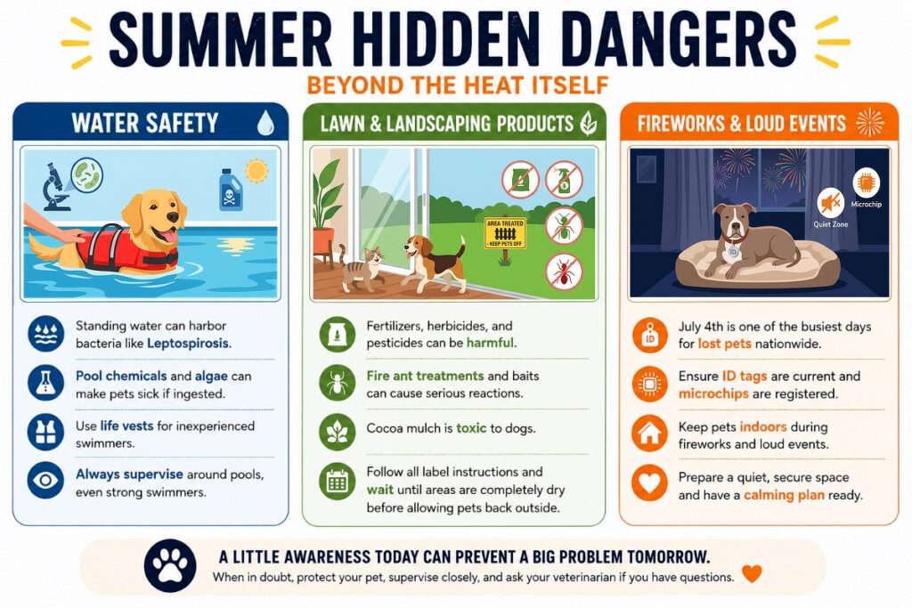 Infographic titled "SUMMER HIDDEN DANGERS - BEYOND THE HEAT ITSELF" presented in three columns: Water Safety (golden retriever in pool, life vest), Lawn & Landscaping Products (cat and dog near lawn, warning symbols), and Fireworks & Loud Events (pit bull indoors with Quiet Zone icon). Below each column are detailed safety tip bullet points and icons. A common footer at the bottom includes a paw print logo and the text: "A LITTLE AWARENESS TODAY CAN PREVENT A BIG PROBLEM TOMORROW. When in doubt, protect your pet, supervise closely, and ask your veterinarian if you have questions."