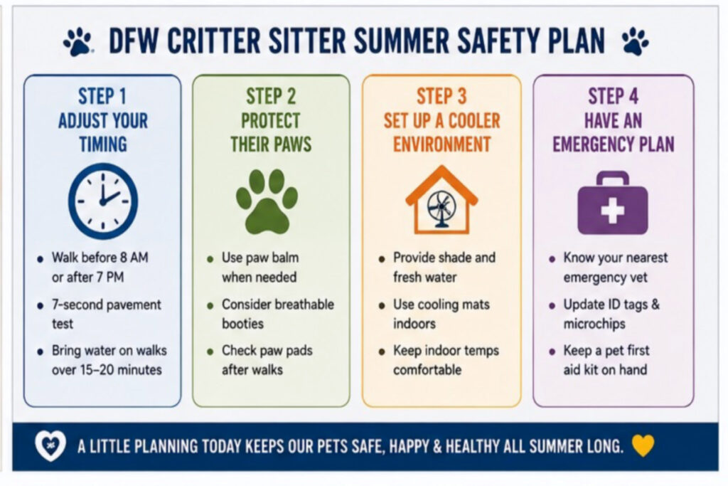 The DFW Critter Sitter 4-step summer safety plan for pets covering timing, paw protection, cooler environments, and emergency preparation.